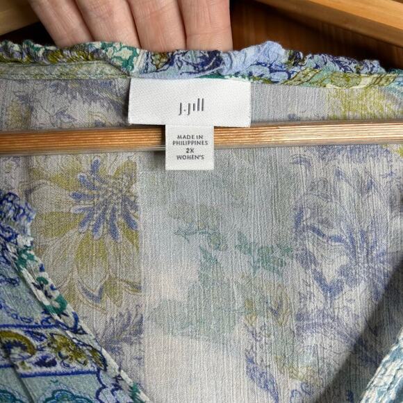 J. Jill Patchwork Blouse Women’s 2x Blue Green Long Sleeve Boho Hippie Bohemian - Picture 6 of 9